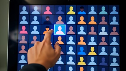 Human hand selecting a profile icon on a screen with many diverse people