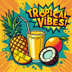 Tropical smoothie with pineapple, mango, coconut in retro pop art vector poster