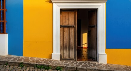 Fototapeta premium A photograph of the front of a colonial house in blue and yellow colors