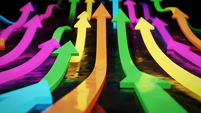 Abstract Multi Colored Arrows Pointing Upwards on Reflective Black Surface