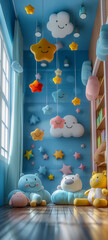 Cute Plush Toys and Hanging Stars in Cozy Blue Nursery Corner – Soft Lighting Children’s Room Decor