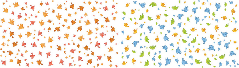 Fototapeta premium Seamless Abstract Organic Leaves Pattern Collection. Scattered Foliage Designs in Warm Autumn and Cool Spring Tones for Nature Backgrounds.