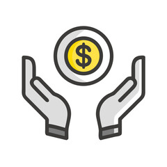 Money in hand icon Save money sign. Cash, loan, coin, dollar, saving, budget, finance, growth, investment, earning money, revenue symbol. Hands holding dollar coin flat and line style - stock vector.