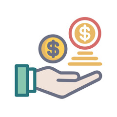 Money in hand icon Save money sign. Cash, loan, coin, dollar, saving, budget, finance, growth, investment, earning money, revenue symbol. Hands holding dollar coin flat and line style - stock vector.
