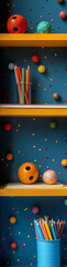 Colorful Pencil Holders and Decorative Balls on Shelves against Blue Wall – Creative Classroom or Kids’ Study Decor