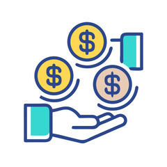 Money in hand icon Save money sign. Cash, loan, coin, dollar, saving, budget, finance, growth, investment, earning money, revenue symbol. Hands holding dollar coin flat and line style - stock vector.