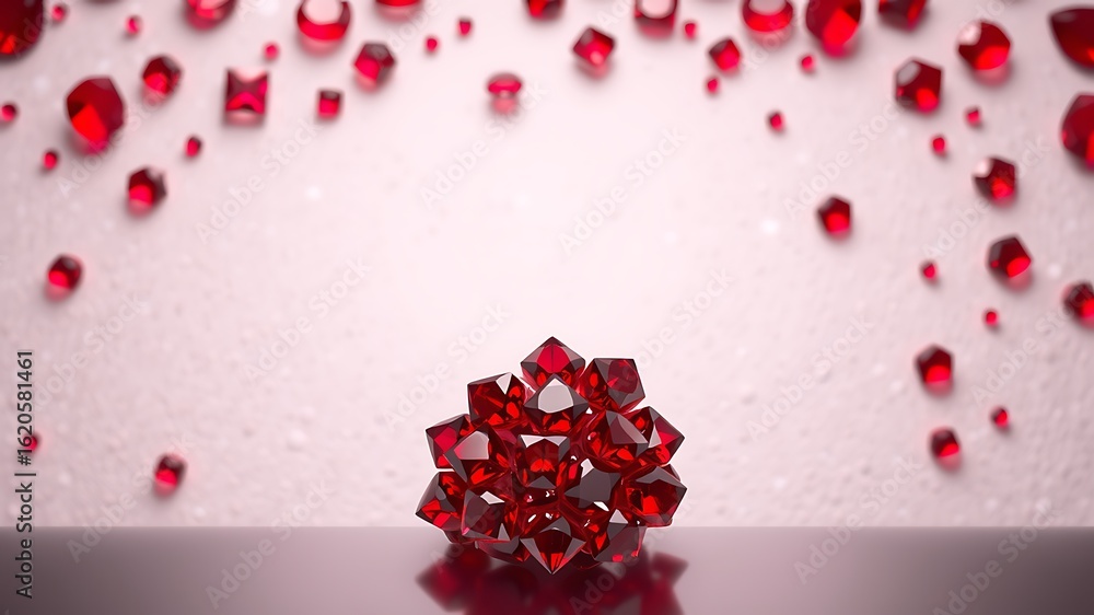 Poster elegant 3d rendering of sparkling red gemstones on a pink background with reflections