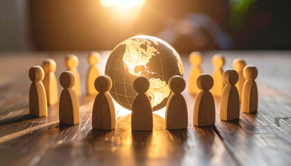 Glowing world at center of wooden human circle, teamwork and connection. Unity across cultures