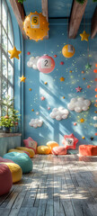 Cozy Reading Nook with Educational Balloons and Cushions in Sunlit Classroom – Whimsical Early Learning Environment