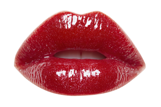Captivating red glossy lips beauty studio close-up glamour portrait. Isolated on transparent background, png.