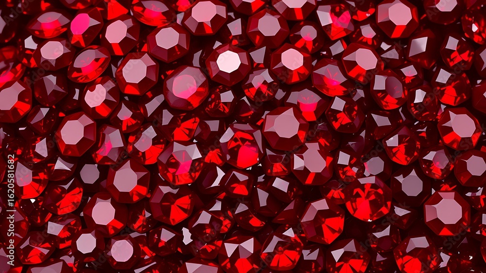 Poster close up shot of sparkling red gemstones arranged creating a dazzling background texture.