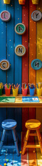 Colorful Kids Craft Corner with Art Supplies and Wooden Stools – Creative Playroom Setup for Children’s Activities