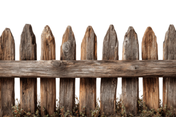Rustic wooden fence detail outdoor setting nature photo close-up. Isolated on transparent background, png.