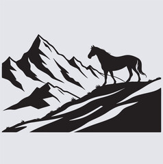 mountain horse silhouette vector art illustration, horse in the mountains