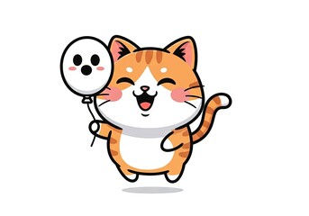 A cartoon orange tabby cat happily holds a ghostfaced balloon