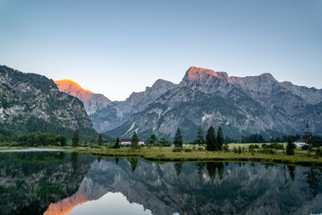 Mountain glow at lake Almsee 