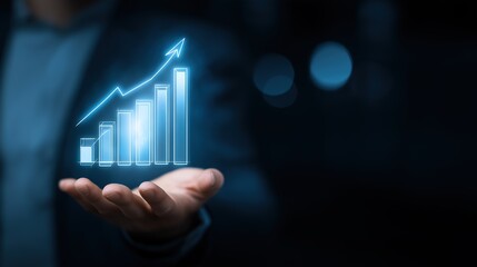 Market Growth Success – Faceless Corporate Figure Holding a Digital Bar Chart Icon with Upward Arrow, Symbolizing Stock Market Performance and Investment Returns in Cool Blue Tones

