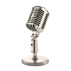 Classic vintage silver microphone on a stand against a stark black background