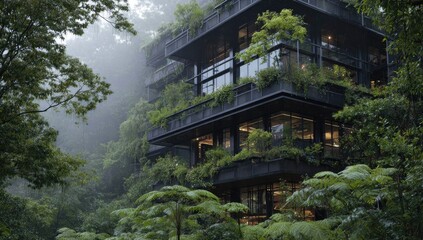 Verdant modern building nestled in a misty forest