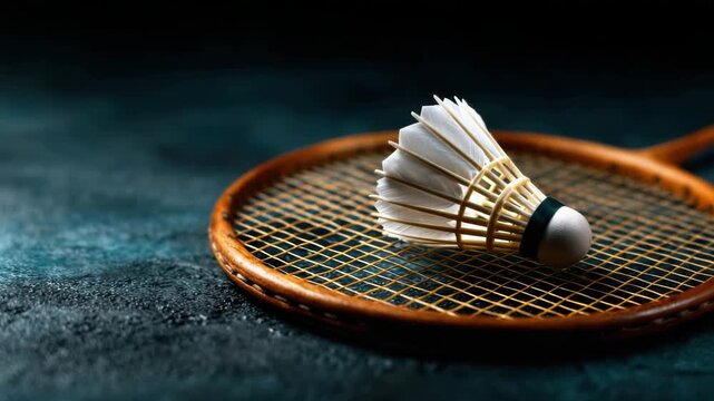 A badminton shuttlecock resting on a racket with a dark textured background