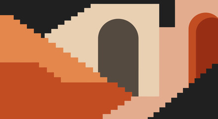 Stylized Mid Century Boho Architecture Vector Art Featuring Abstract Stairs, Ideal for Modern Wall Decor and Social Media Graphics