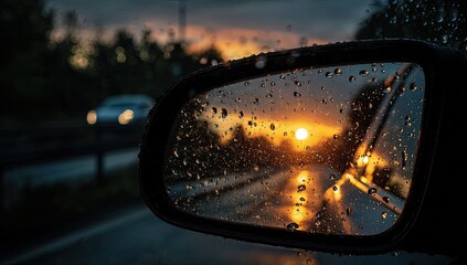 Raindrops on a car mirror, sunset view