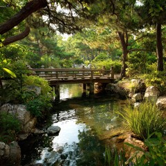 Peaceful wooden bridge, Japanese garden, serene.  Possible use  wallpaper