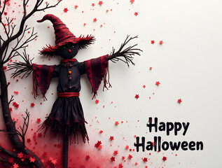 Épouvantail marionnette Halloween isolé sur fond blanc avec texte noir et accents rouges