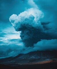 Fototapeta premium Epic 4K Volcanic Explosion with Lightning Storm, Cinematic Blue and Orange Color Graded Ultra HD Still of Lava Eruption