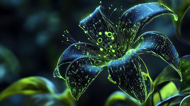 cybernetic peak blooming with binary cipher petal , Ne greenblack biomechanical item , 2025 cut , hyper detailed