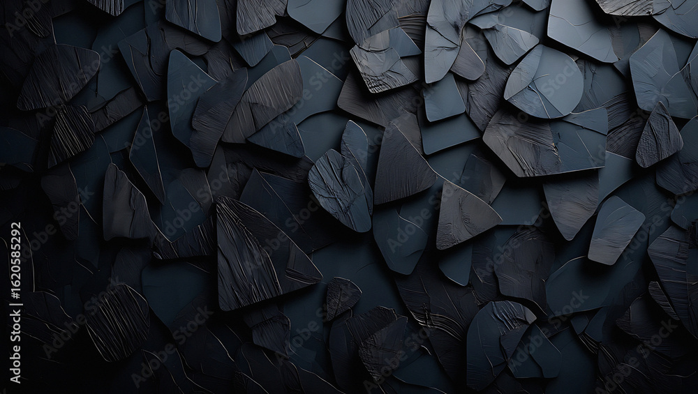 Poster a dark abstract background featuring overlapping geometric shapes with subtle textures and shadows