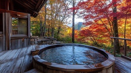 Fototapeta premium Cozy wooden hot spring surrounded by red maple trees