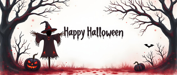 Bannière Halloween vectorielle : Épouvantail à chapeau avec arbres morts et citrouilles rougeoyantes sur fond blanc