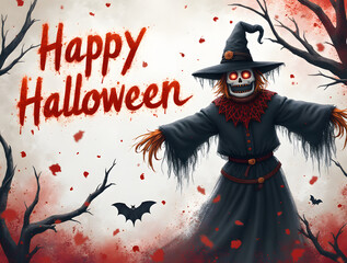 Illustration Halloween : Épouvantail gris aux yeux rouges avec chauves-souris et arbres morts sur fond blanc taché de rouge