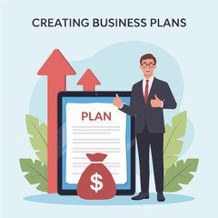 Man in suit giving thumbs up next to plan document on tablet with upward arrows and money bag icon