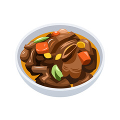 Delicious bowl of beef stew with carrots and peas in a white bowl