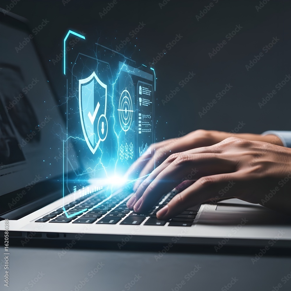 Poster cybersecurity professional actively protecting digital assets with advanced security protocols on a 