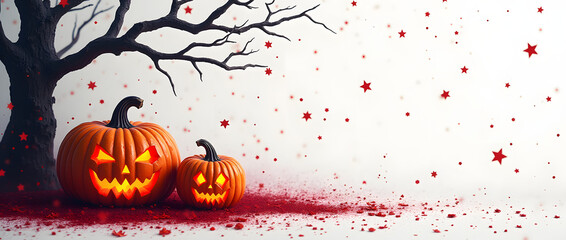 Scène Halloween : Citrouilles souriantes et végétation noire sur fond blanc