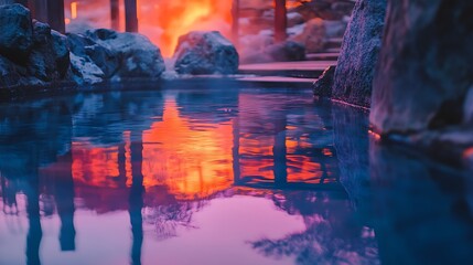 Dreamlike pink and orange hues reflecting in a silent onsen