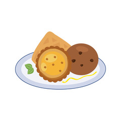 A plate of sweet treats featuring a waffle a tart and a chocolate chip cookie