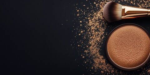 Golden Shimmer Makeup Powder with Brush on Black Background – Luxury Beauty and Cosmetics Concept. Banner with Copy Space.