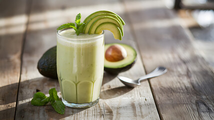 Delicious Avocado Smoothie in a Glass, Ready to Drink. AI Generated