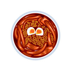 Delicious korean tteokbokki with noodles and boiled eggs in a bowl