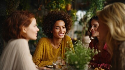 Gathering of Friends: A group of diverse women share an intimate moment, conversing animatedly amidst the serene ambiance of a well-lit cafe, embodying a sense of camaraderie and heartfelt connection.