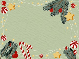 Christmas Frame with Candy Canes, Pine Branches and Ornaments