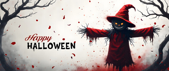 Épouvantail rouge effrayant avec arbres morts noirs et texte Happy Halloween isolé sur fond blanc