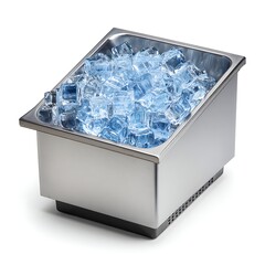 Stainless steel ice bin filled with crushed ice isolated on white background