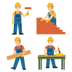 Illustrations showing a construction worker in various tasks such as painting and bricklaying work