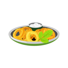 Crispy golden onion rings served with a creamy dipping sauce and fresh mint leaves on a plate