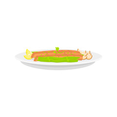 Delicious salmon dish with asparagus lemon and bread on a white plate